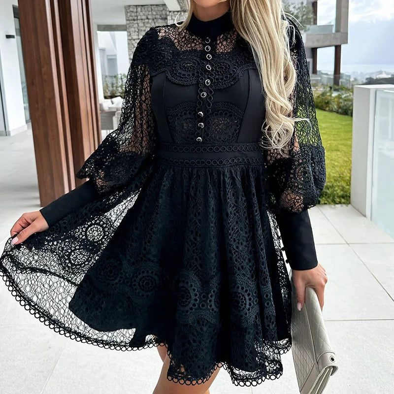 Spring Summer Women Solid O-Neck Mini Dress Loungewear Fashion Hollow Out Lantern Sleeve Ladies Party Dress Streetwear Vestidos-Dollar Bargains Online Shopping Australia