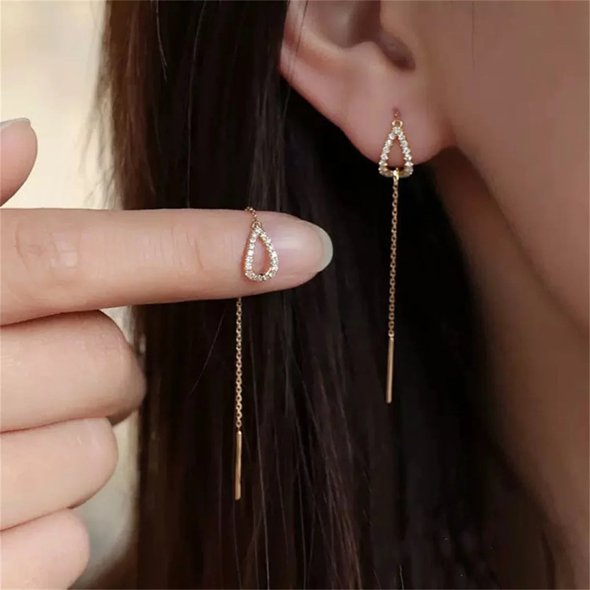 Simple Gold Color Water Drop Long Tassel Earrings For Women Korean Fashion Rhinestone Waterdrop Ear Line Dangle Earring Jewelry-Dollar Bargains Online Shopping Australia