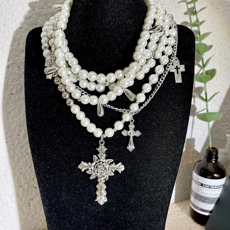 Goth Rose Flower Imitation Pearl Bead Cross Pendant Necklace for Women Multilayer Pearl Chains Aesthetic Vintage Luxury Jewelry-Dollar Bargains Online Shopping Australia