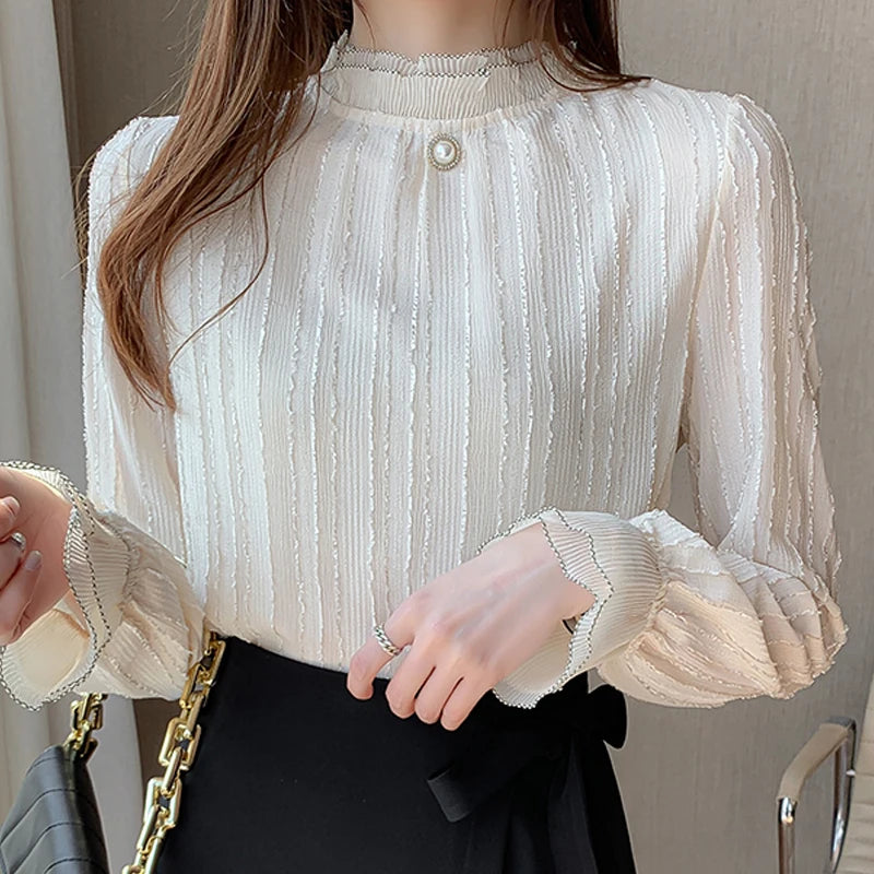 Women Stand Collar Lace Chiffon Blouse Shirt Tops Long Sleeve Blouse Women-Dollar Bargains Online Shopping Australia