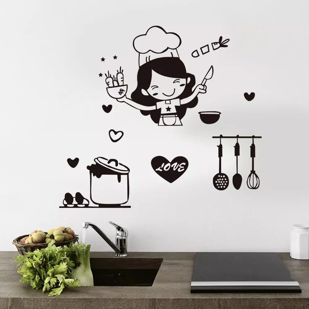 Happy Girl Chef Loves Cooking Wall Sticker Restaurant Bar Kitchen Dining Room Fridge Light Switch Decal DIY Art Home Decor-Dollar Bargains Online Shopping Australia