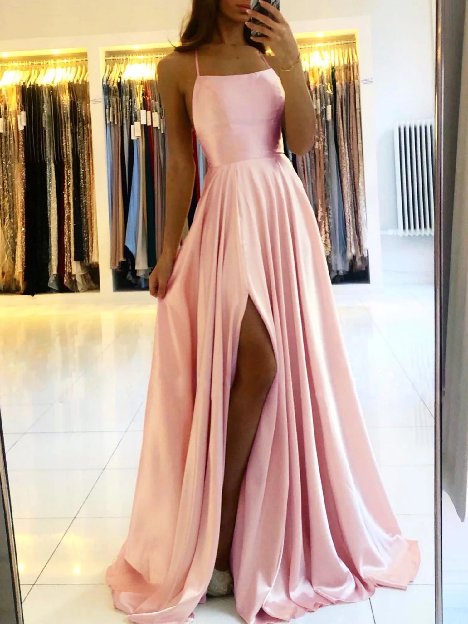 Satin Maxi Flared Dress Sexy Bridesmaid Dress Open Back A Line Wedding Evening Gown with Train-Dollar Bargains Online Shopping Australia