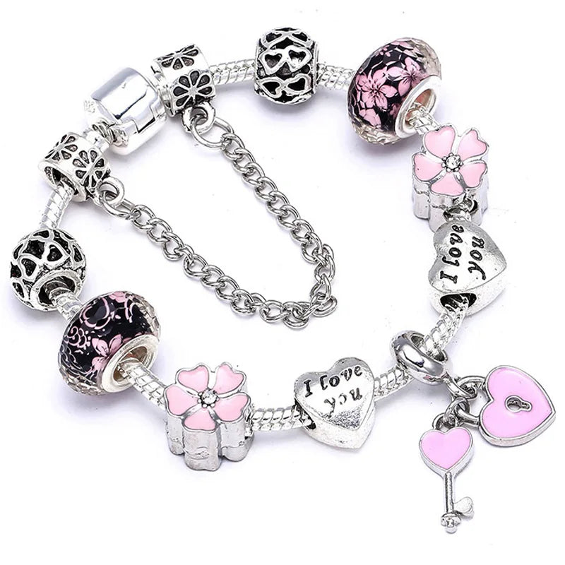 Buipoey Silver Plated Heart Key Pendant Charm Bracelets For Women Original Girls Princess Crown Beaded Bracelet Wife Jewelry-Dollar Bargains Online Shopping Australia