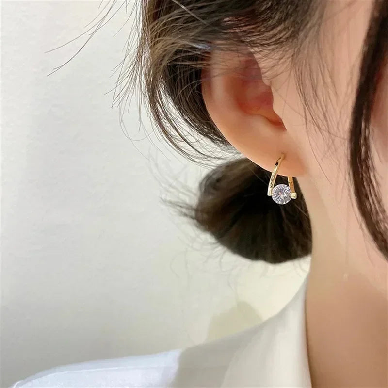 Gold Color Round Zircon Simple Drop Dangle Earrings for Women Charm Korean Hoop Jewelry Wedding Birthday Gift-Dollar Bargains Online Shopping Australia