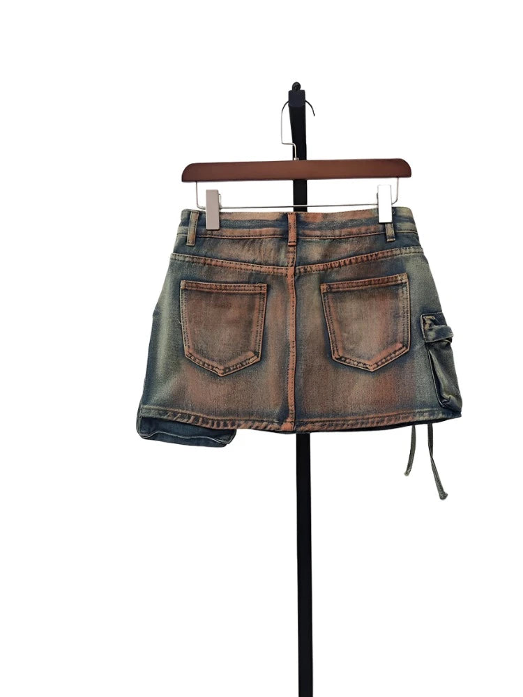 Women's Denim Skirts Multiple Pockets Patchwork Washed Lace-up Cargo A-line Mini Skirt-Dollar Bargains Online Shopping Australia