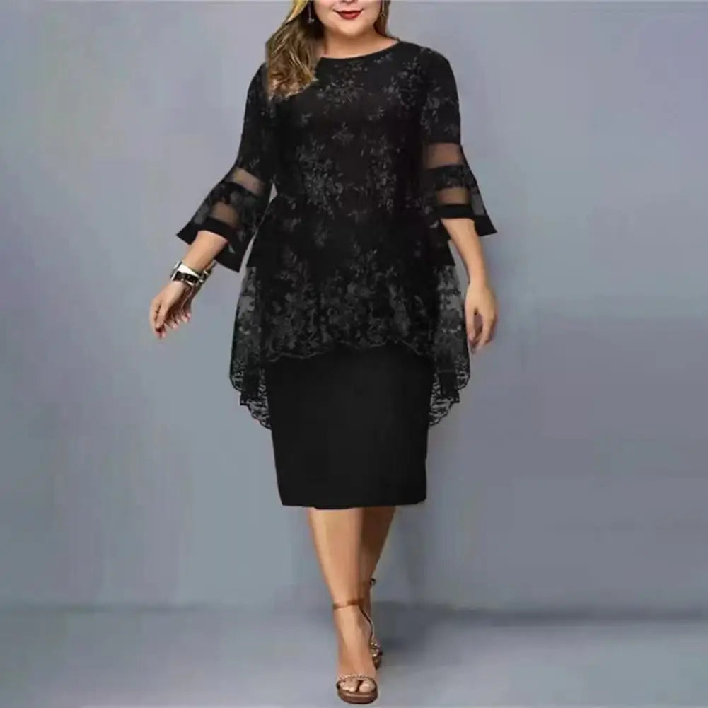 Lady Party Dress Lace Patchwork Flare Sleeves Midi Dress Fake Two Piece Elegant Bodycon Dress For Wedding Banquet-Dollar Bargains Online Shopping Australia