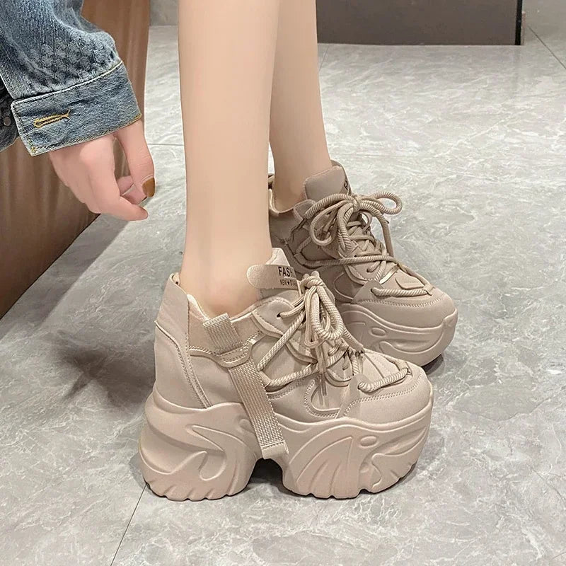 Women Walking Sneakers Autumn Lace-up High Platform Chunky Shoes Breathable Leather Shoes 10CM Winter Wedge Heels Casual Shoes-Dollar Bargains Online Shopping Australia