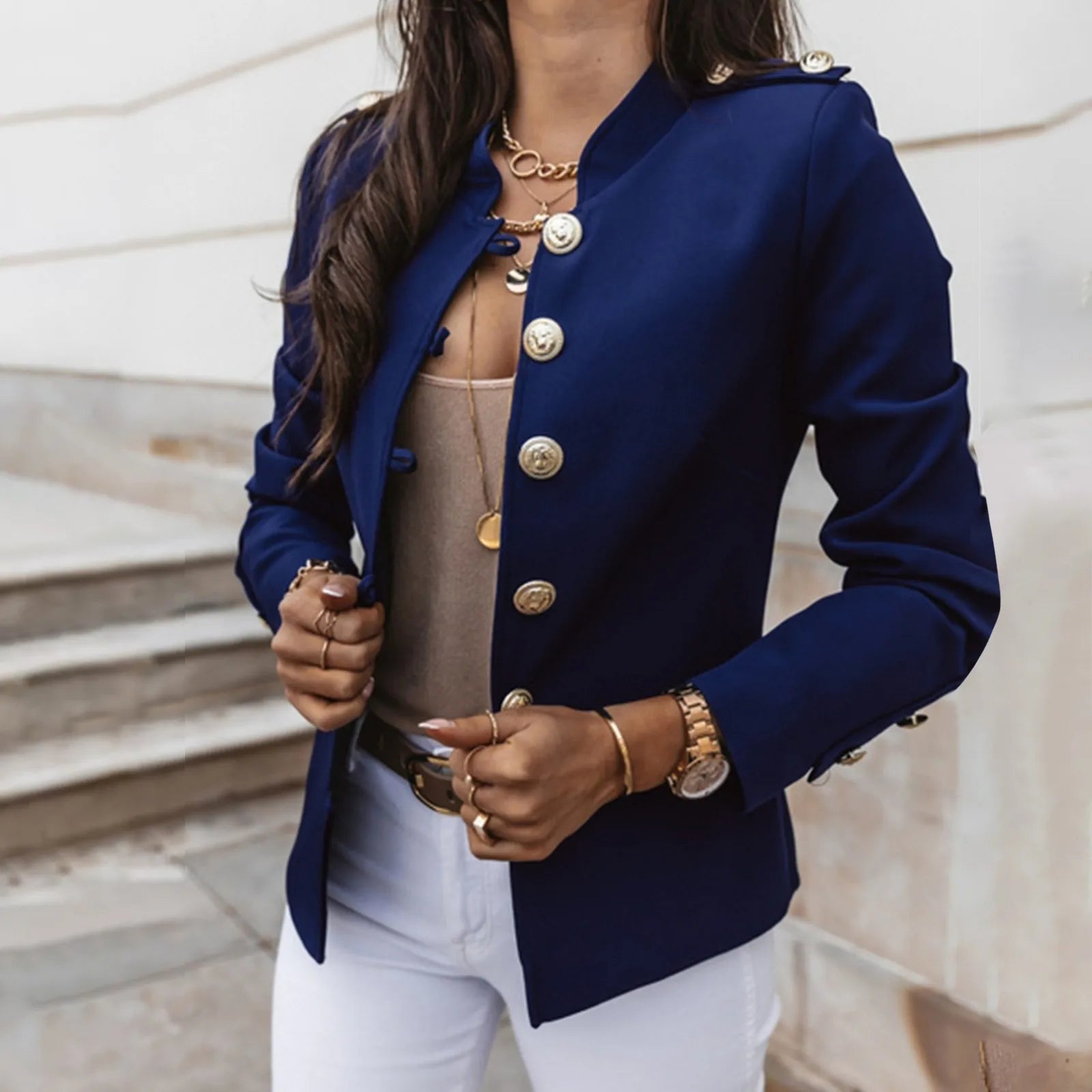 Women's Casual Slim Fit Solid Color Tops Button Long Sleeved Standing Collar Business Suit Jacket Trendy Office Short Suit Coat-Dollar Bargains Online Shopping Australia