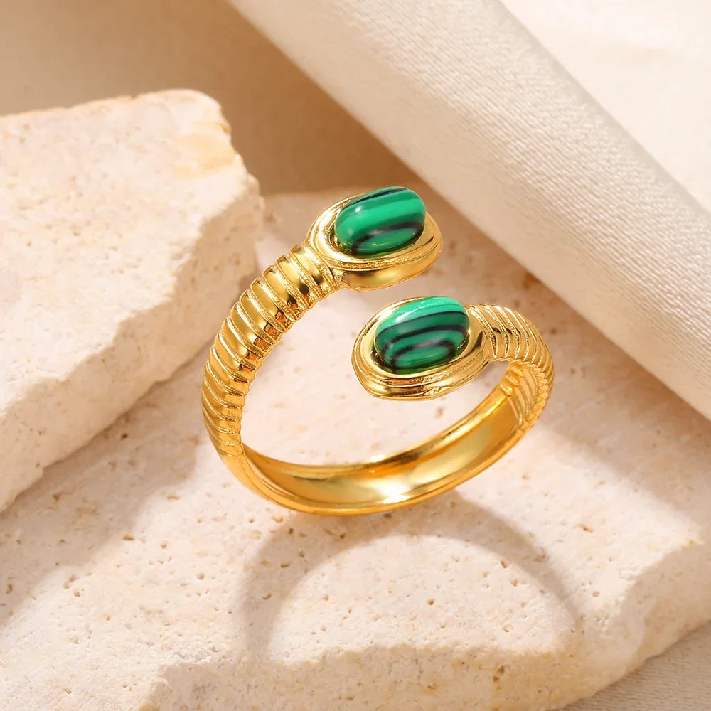 Stainless Steel Green Natural Stone Rings For Women Vintage Trend Punk Jewelry 18K Gold Color Opening Ring Christmas Gift New-Dollar Bargains Online Shopping Australia