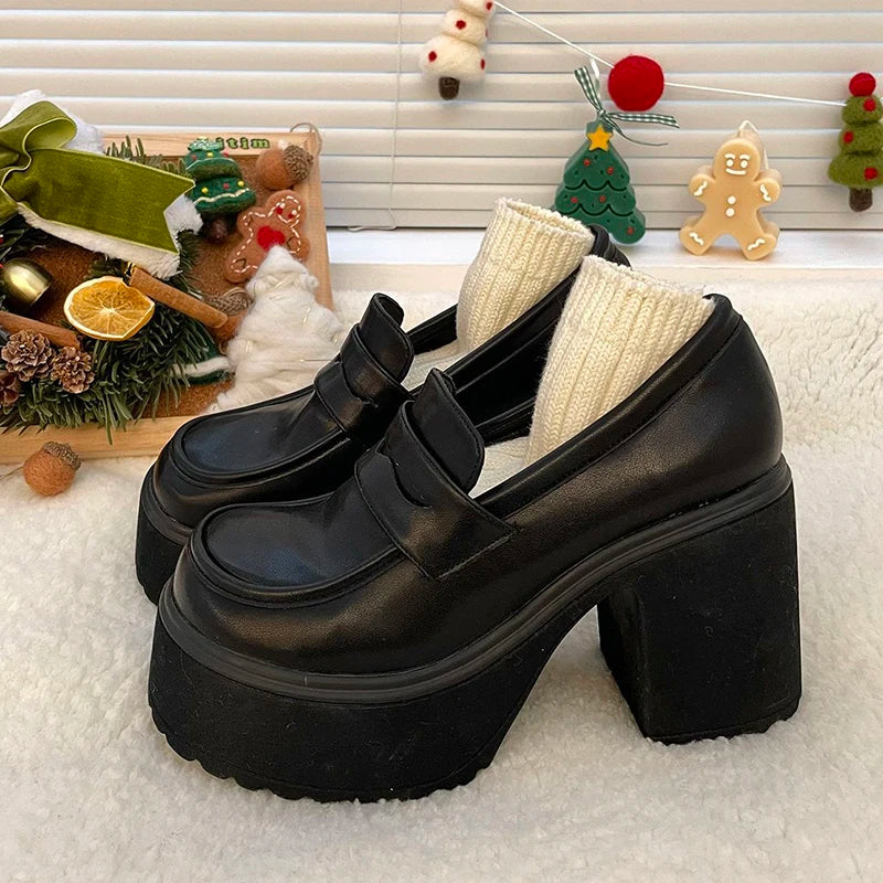 Super High Heels Loafers Women 2024 Spring Patent Leather Chunky Platform Pumps Woman Slip On Black Jk Uniform Shoes Mary Janes-Dollar Bargains Online Shopping Australia