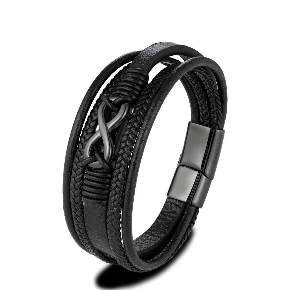 Classic Men Infinity Bracelet Woven Multilayer Braided Leather Bracelets For Women Black Stainless Steel Jewelry Gifts-Dollar Bargains Online Shopping Australia