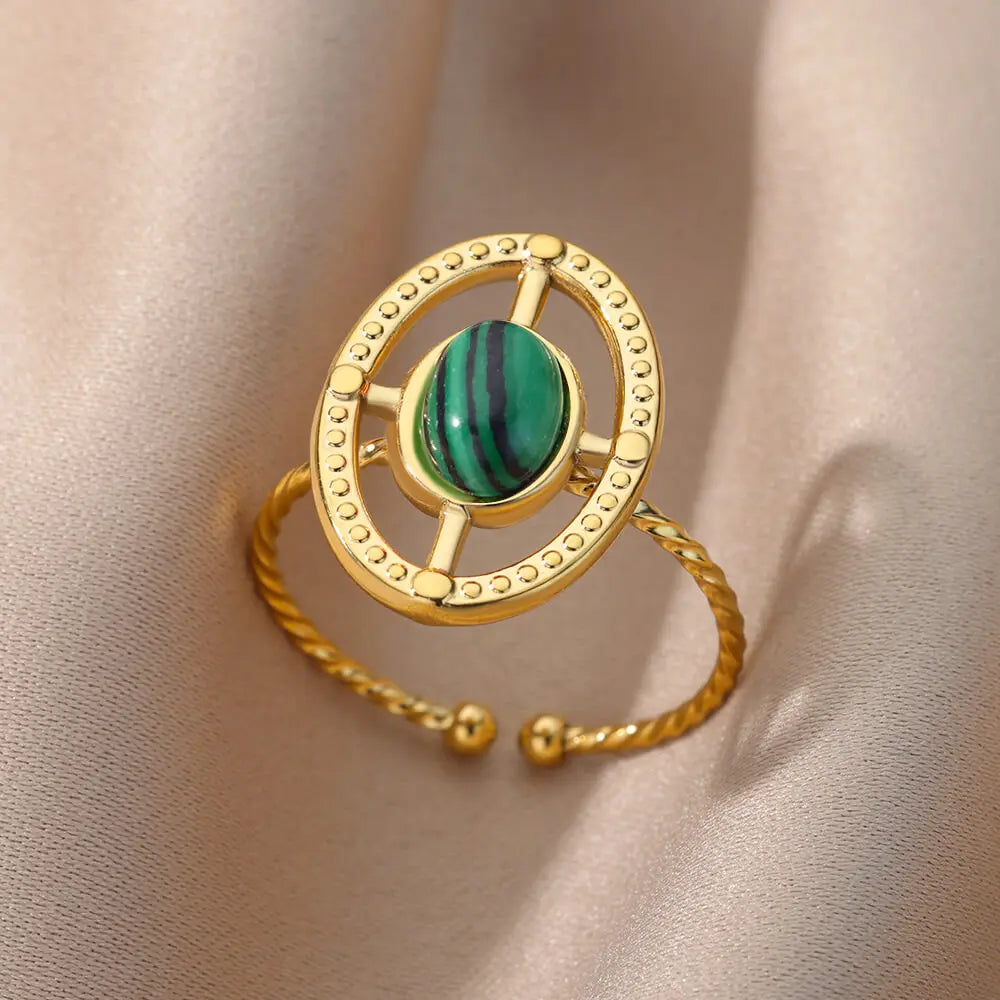 Stainless Steel Green Natural Stone Rings For Women Vintage Trend Punk Jewelry 18K Gold Color Opening Ring Christmas Gift New-Dollar Bargains Online Shopping Australia