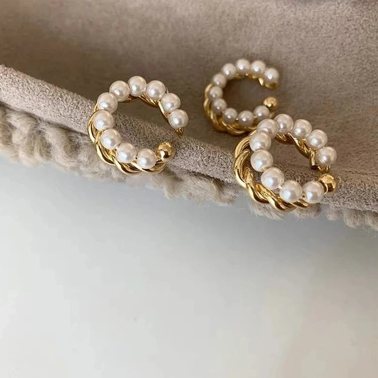 Double Circle Twist Pearl Ear Cuff Vintage Geometric Circle Earcuff Fake Piercing Pearls Clip on Earings-Dollar Bargains Online Shopping Australia