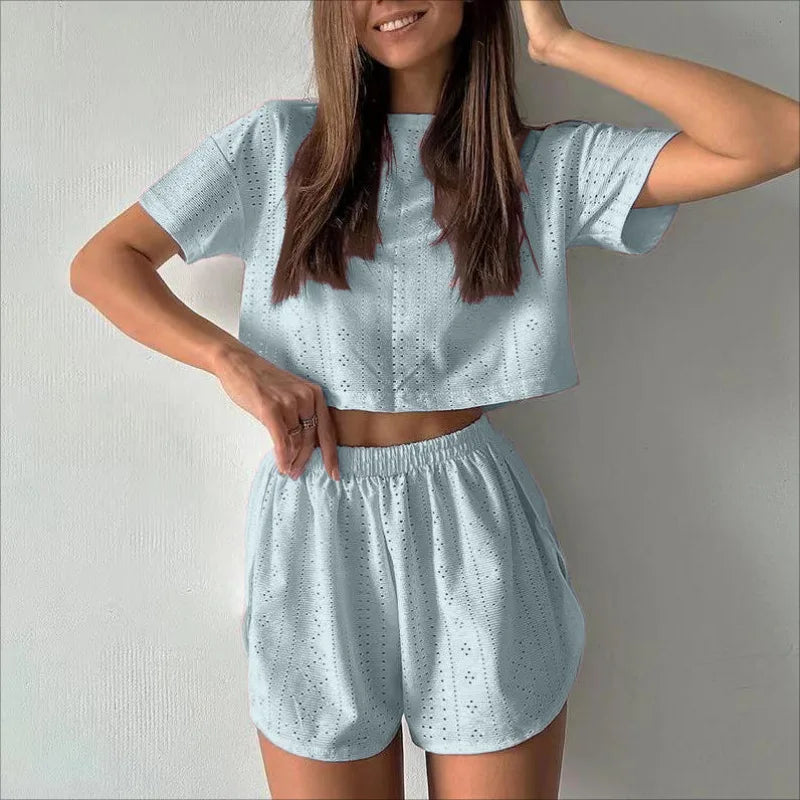 Women's Pajamas Set Spring Long Sleeve Tops With Shorts Sleepwear 2 Piece Set Loose Round Neck Home Wear Loungewear Pyjama Femme-Dollar Bargains Online Shopping Australia