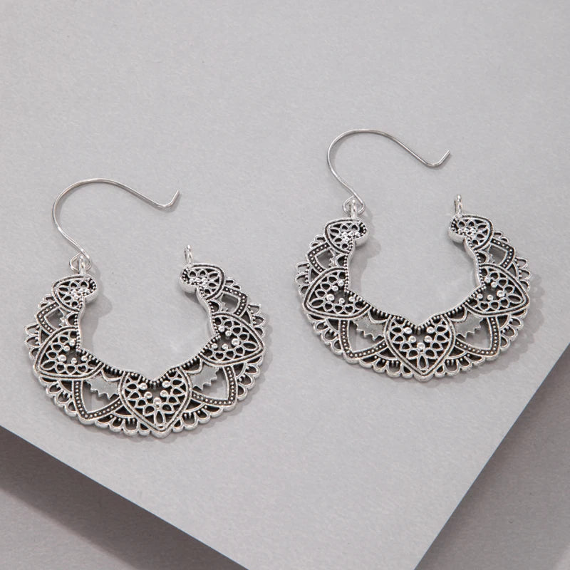 Vintage Antique Silver Color Carving Drop Earrings for Women Ethnic Alloy Piercing Dangle Earrings Jewelry-Dollar Bargains Online Shopping Australia