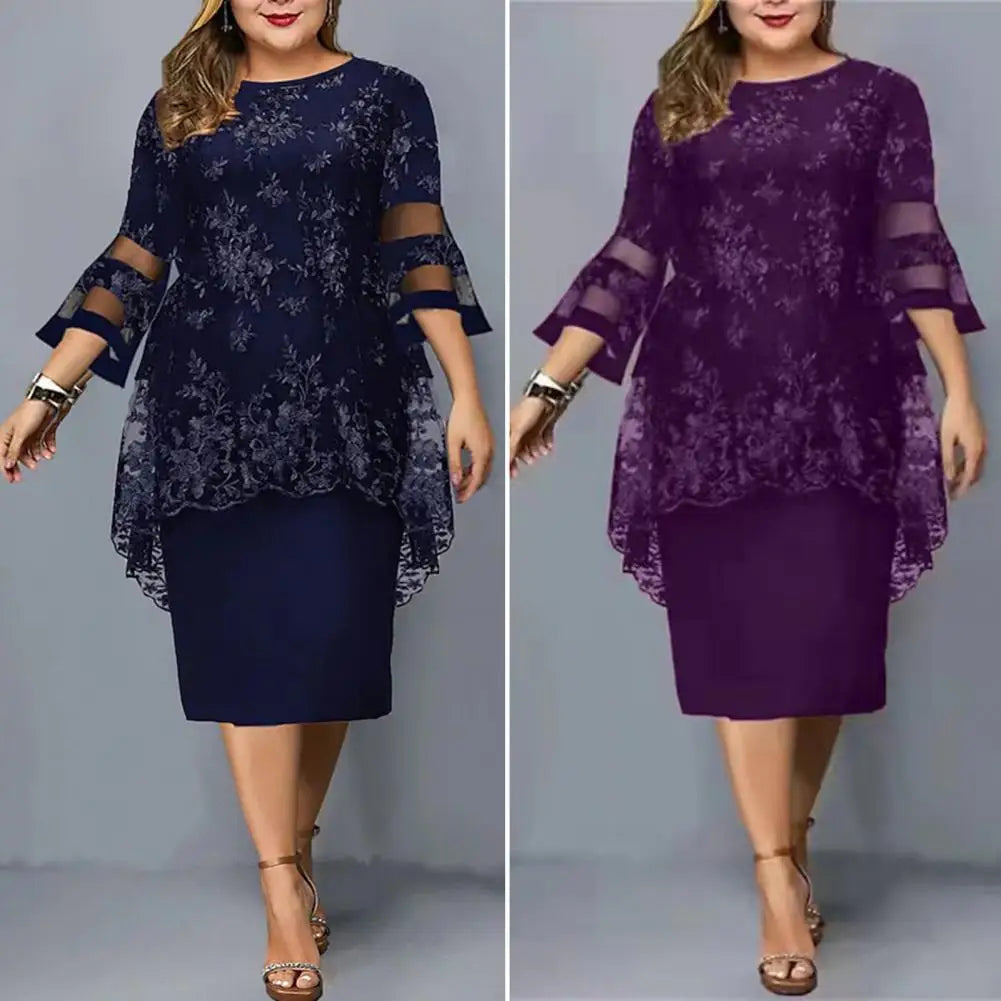 Lady Party Dress Lace Patchwork Flare Sleeves Midi Dress Fake Two Piece Elegant Bodycon Dress For Wedding Banquet-Dollar Bargains Online Shopping Australia