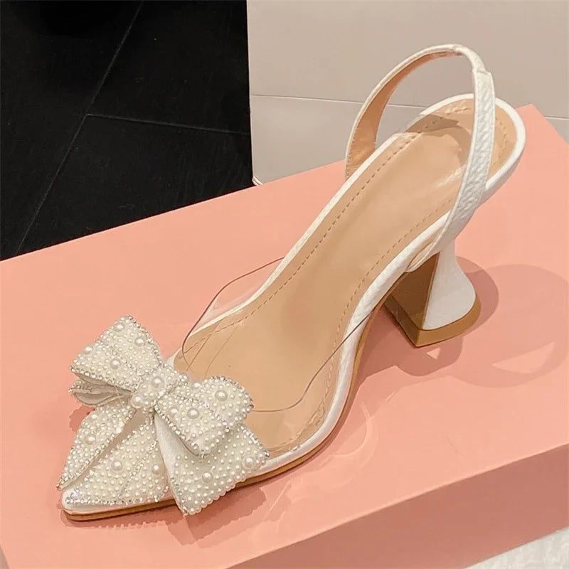 Butterfly-knot PVC Transparent String Bead Women Pumps Sandals Fashion Pointed Toe Party High Heels Mule Shoes-Dollar Bargains Online Shopping Australia