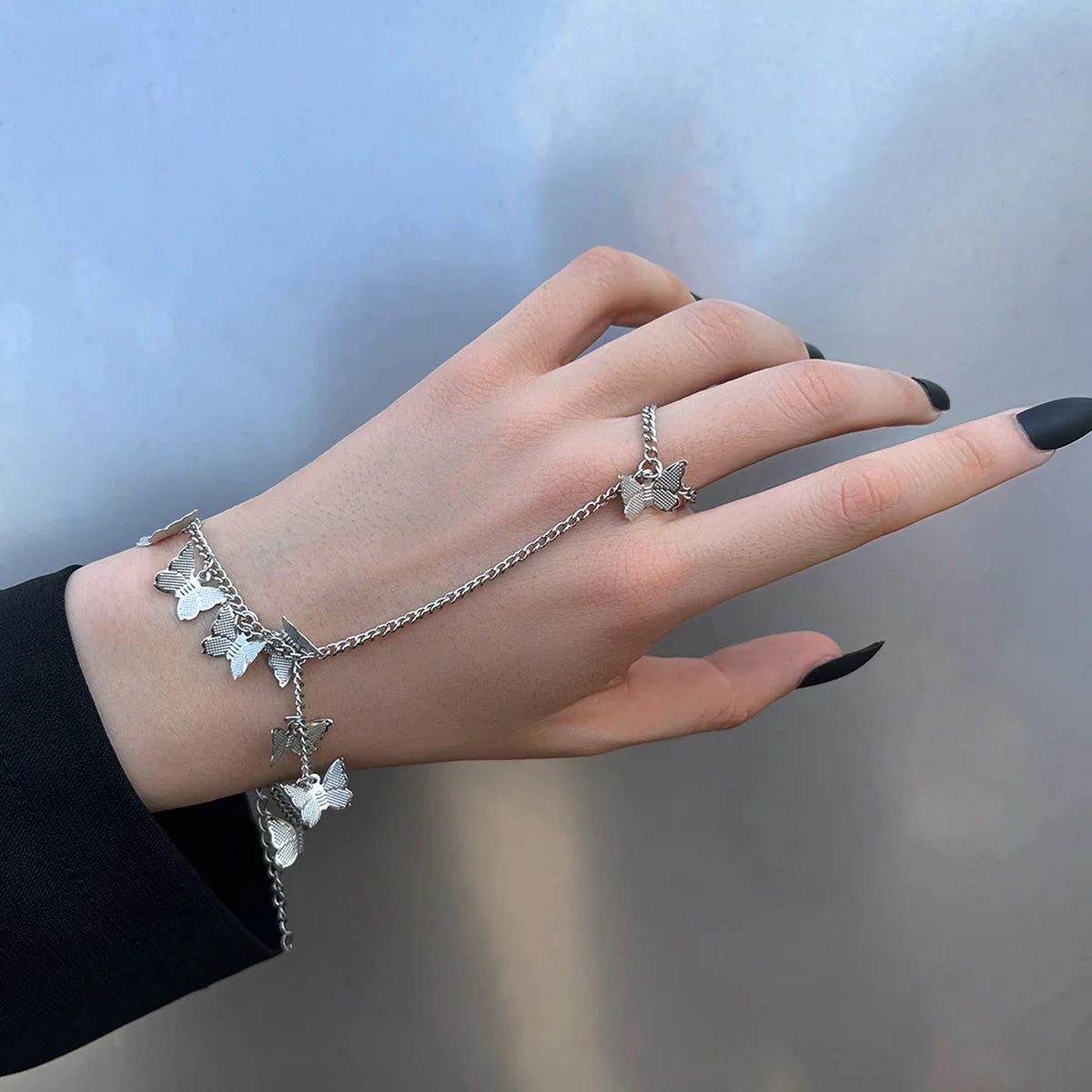 Vintage Punk Butterfly Ring with Bracelet Link Wrist Chain Finger Ring for Women Goth Exaggerated Spider Snake Bracelets Jewelry-Dollar Bargains Online Shopping Australia