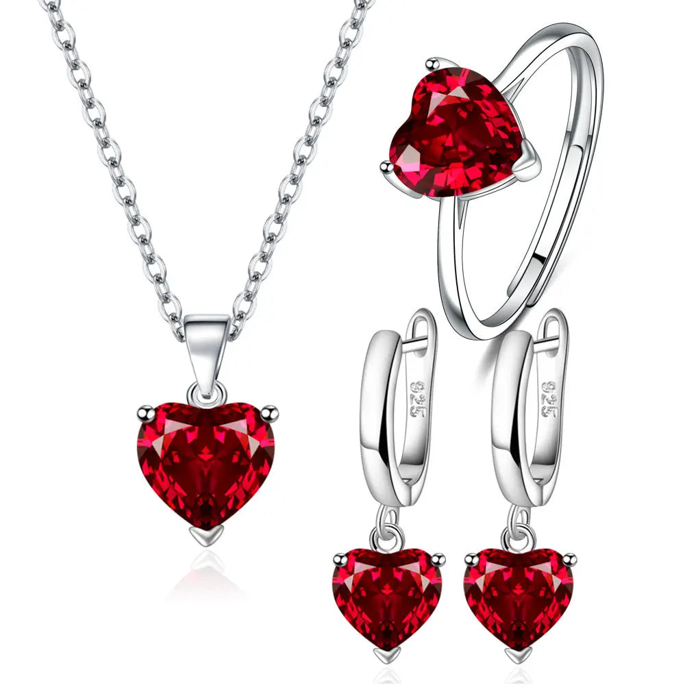 Silver Jewelry Sets For Women Heart Zircon Ring Earrings Necklace Wedding Bridal Elegant Christmas-Dollar Bargains Online Shopping Australia