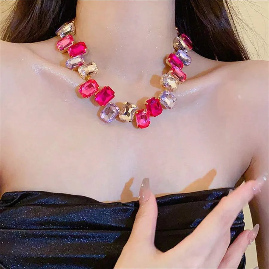 Square Pink Colorful Crystal Choker Necklaces for Women Geometric Clavicle Chain Necklaces Party Wedding Jewelry-Dollar Bargains Online Shopping Australia