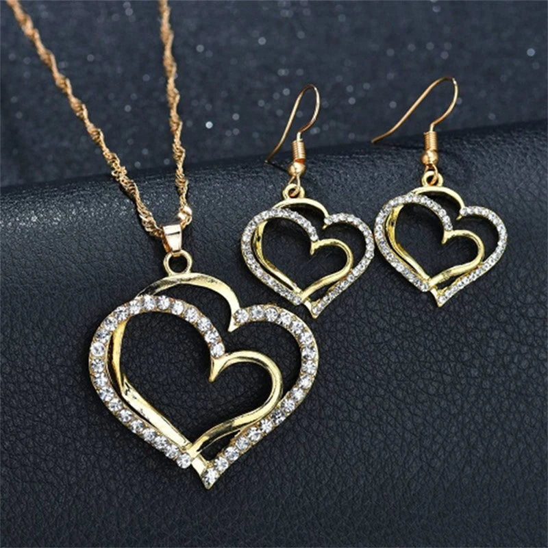 3 Pcs Set Heart Shaped Jewelry Set Of Earrings Pendant Necklace For Women Exquisite Fashion Rhinestone Double Heart Jewelry Set-Dollar Bargains Online Shopping Australia