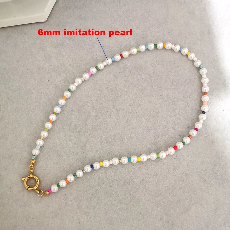 Imitation Pearl Necklace Women Choker Seed Beads Rainbow Stainless Steel Clasp Sailor Buckle Base Chain Gold Color Boho-Dollar Bargains Online Shopping Australia