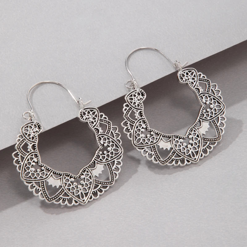 Vintage Antique Silver Color Carving Drop Earrings for Women Ethnic Alloy Piercing Dangle Earrings Jewelry-Dollar Bargains Online Shopping Australia