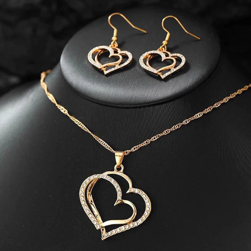 3 Pcs Set Heart Shaped Jewelry Set Of Earrings Pendant Necklace For Women Exquisite Fashion Rhinestone Double Heart Jewelry Set-Dollar Bargains Online Shopping Australia