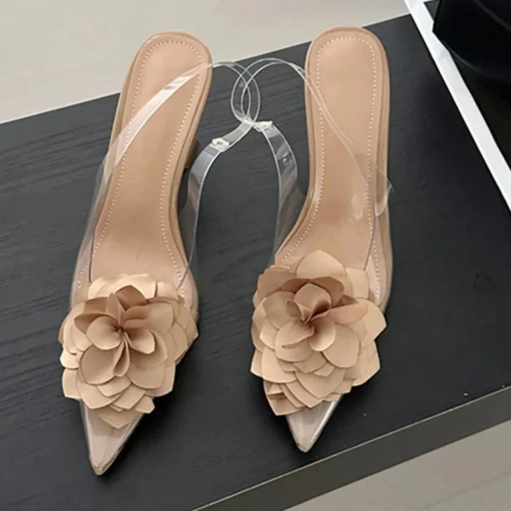 Women's Silk Flower Decorative Single Shoes Transparent PVC Pointed Slingbacks High Heels Party Dress-Dollar Bargains Online Shopping Australia