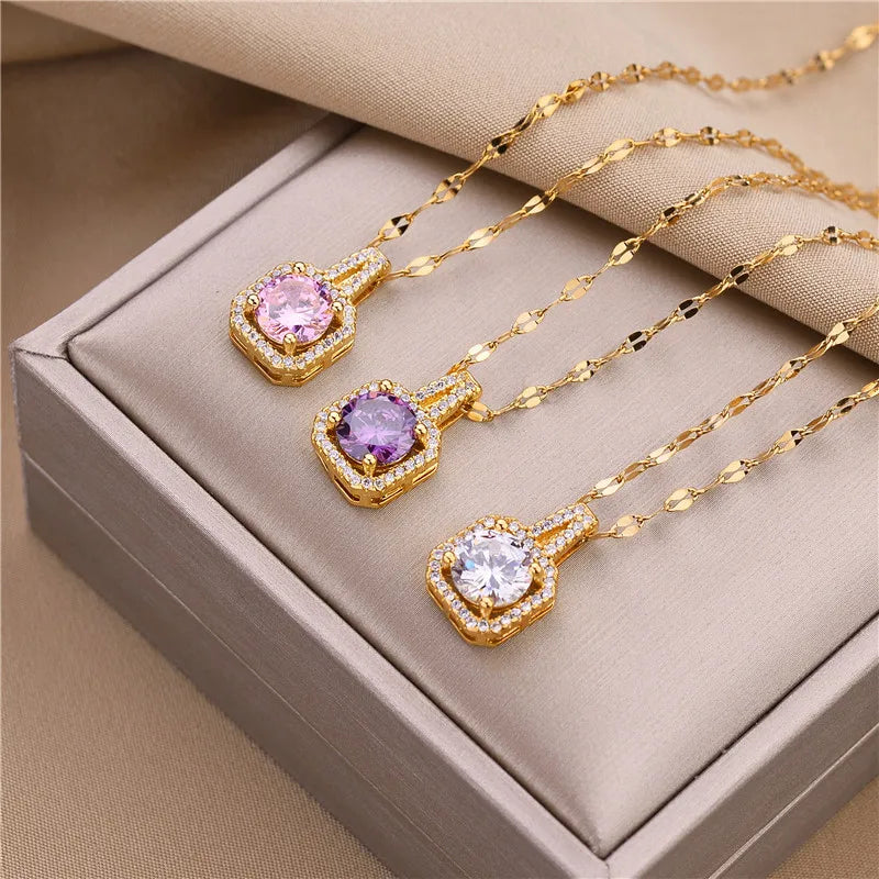 Zircon Crystal Pendant Clavicle Chain Necklace For Women Stainless Steel Jewelry Female Wedding Party Accessorie-Dollar Bargains Online Shopping Australia