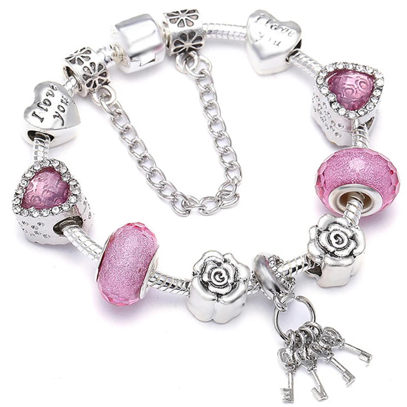 Buipoey Silver Plated Heart Key Pendant Charm Bracelets For Women Original Girls Princess Crown Beaded Bracelet Wife Jewelry-Dollar Bargains Online Shopping Australia