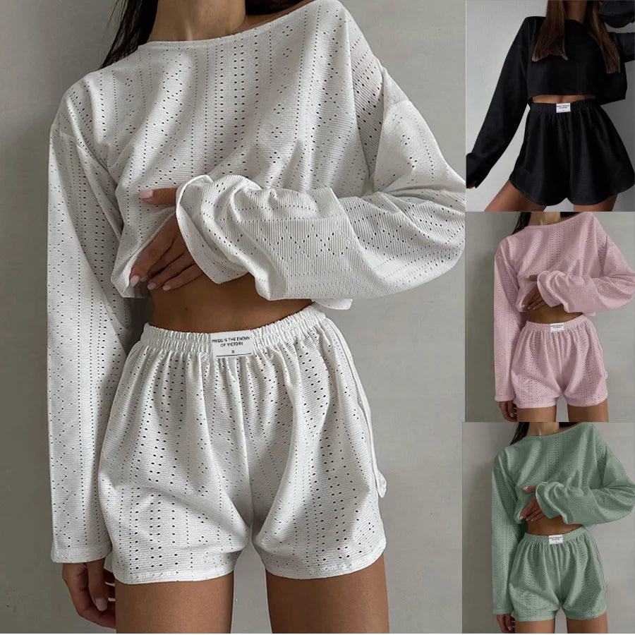 Women's Pajamas Set Spring Long Sleeve Tops With Shorts Sleepwear 2 Piece Set Loose Round Neck Home Wear Loungewear Pyjama Femme-Dollar Bargains Online Shopping Australia