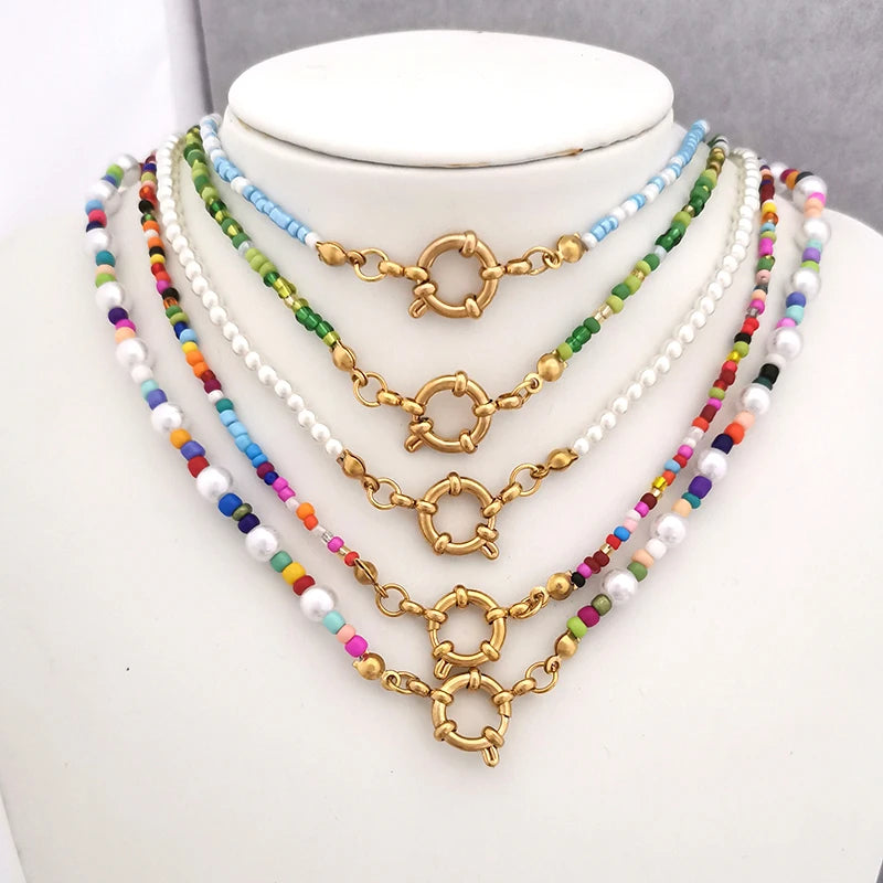 Imitation Pearl Necklace Women Choker Seed Beads Rainbow Stainless Steel Clasp Sailor Buckle Base Chain Gold Color Boho-Dollar Bargains Online Shopping Australia