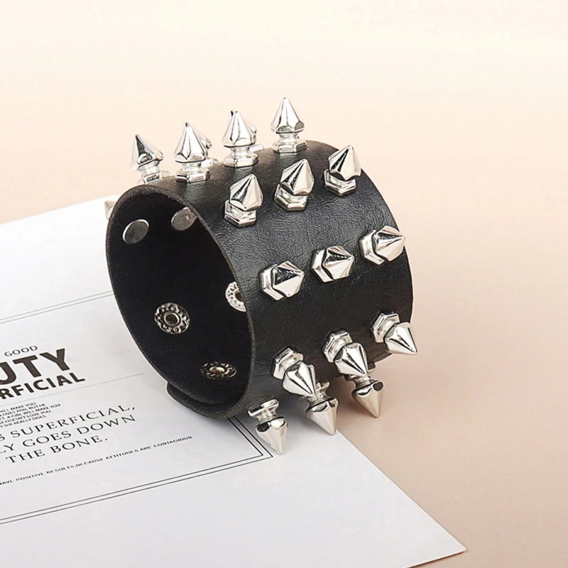 Punk Bracelet for Men Women - Goth Black Leather Wristband with Metal Spike Studded- Spike Rivets Cuff Bangle Adjustable-Dollar Bargains Online Shopping Australia