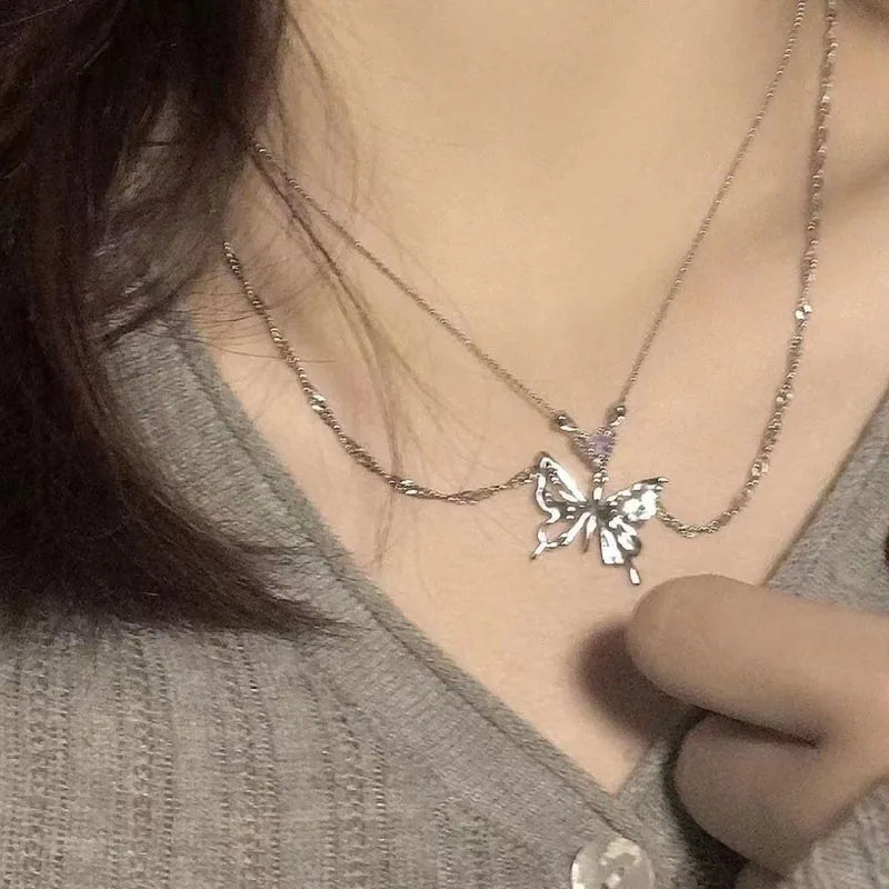 Kpop Y2K Aesthetic Butterfly Pendant Necklace for Women Hip Hop Vintage Double Chain Heart Necklaces Girls Gifts Jewelry-Dollar Bargains Online Shopping Australia