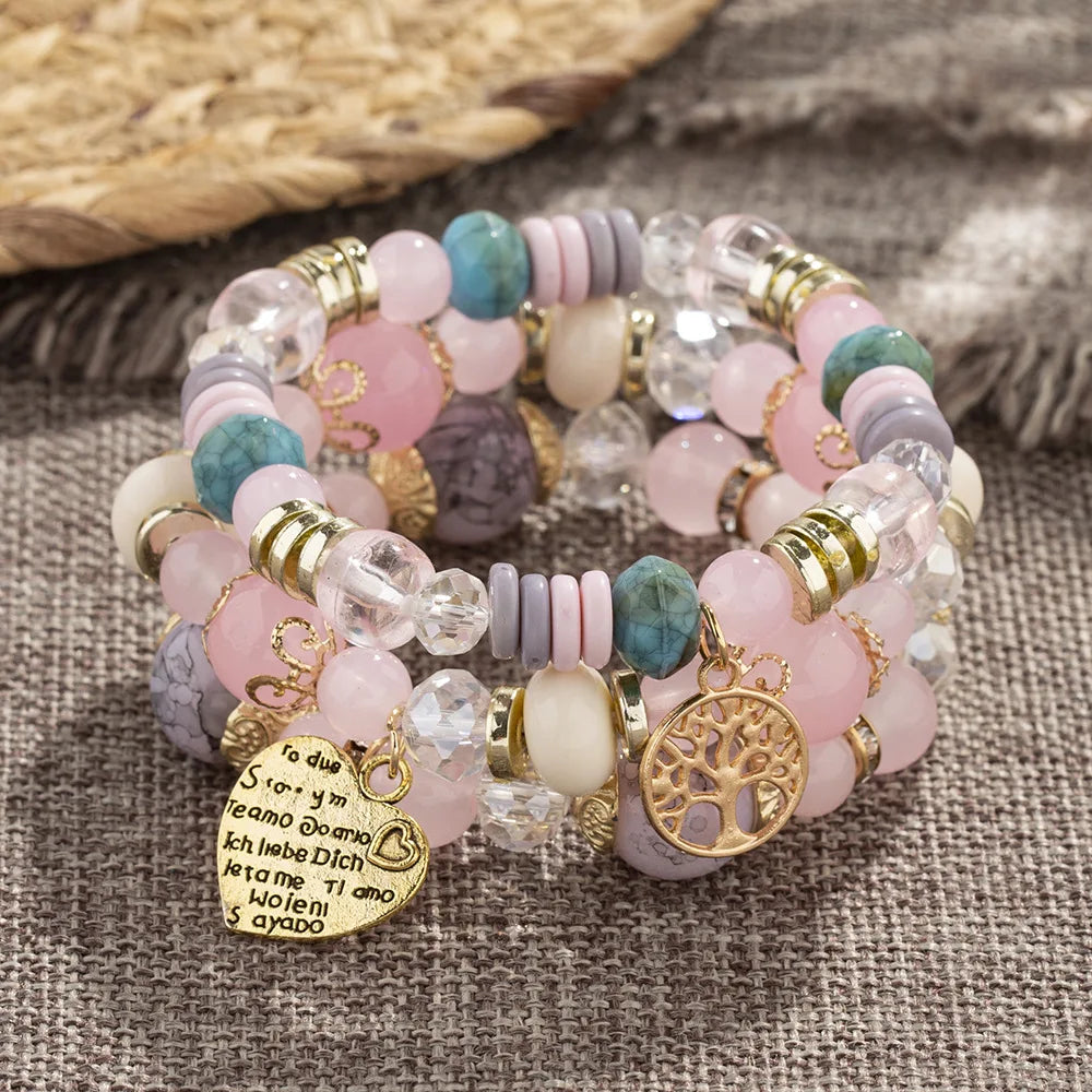 Bohemian Pink Crystal Beads Heart Charm Bracelets Women Girls Ethnic Tree Of Life Charm Wrap Bracelet-Dollar Bargains Online Shopping Australia