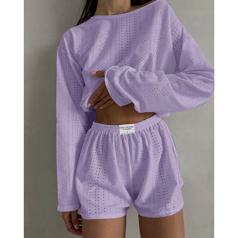 Women's Pajamas Set Spring Long Sleeve Tops With Shorts Sleepwear 2 Piece Set Loose Round Neck Home Wear Loungewear Pyjama Femme-Dollar Bargains Online Shopping Australia