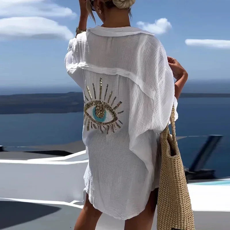 Evil Eye Casual Sequin Beaded Shirt Spring Geometric Eye Top Long Sleeve Loose Shirts Summer Turn-down Collar Button Long Blouse-Dollar Bargains Online Shopping Australia