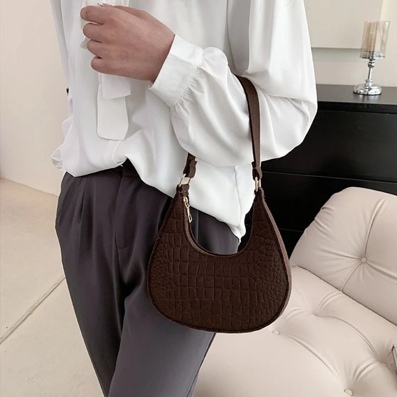 Fashion Simple Moon Shape Underarm Bags Cute Women Female Crocodile Grain Shoulder Bag Felt Purses Handbags Trend Accessories-Dollar Bargains Online Shopping Australia