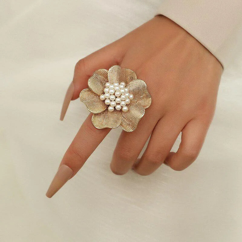 Pearl Flower Rings for Women Retro Simple Adjustable Opening Finger Ring Party Trendy Jewelry Accessories Gifts-Dollar Bargains Online Shopping Australia