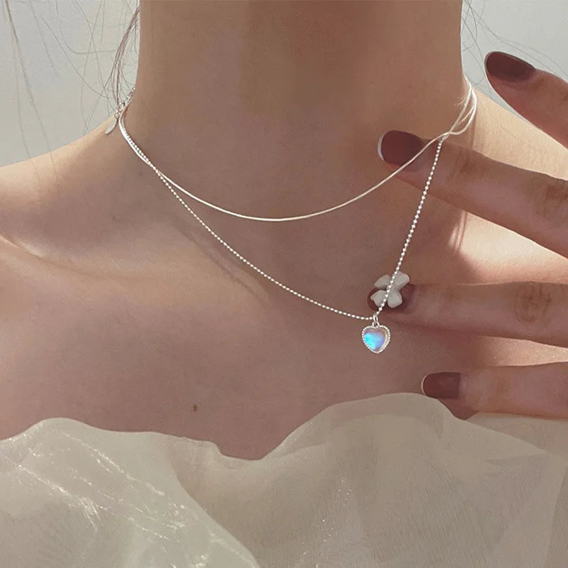 Kpop Heart Necklace French Lucky Bean Love Clavicle Chain Korean Simple Female double layer Necklace Female Pendant for Women-Dollar Bargains Online Shopping Australia