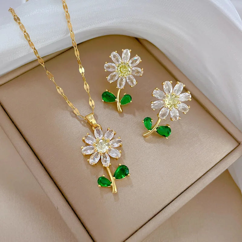 Women's Jewelry Set Shiny Zircon Green Leaf Flower Pendant Necklace Earrings Set Suitable for Daily Wear-Dollar Bargains Online Shopping Australia