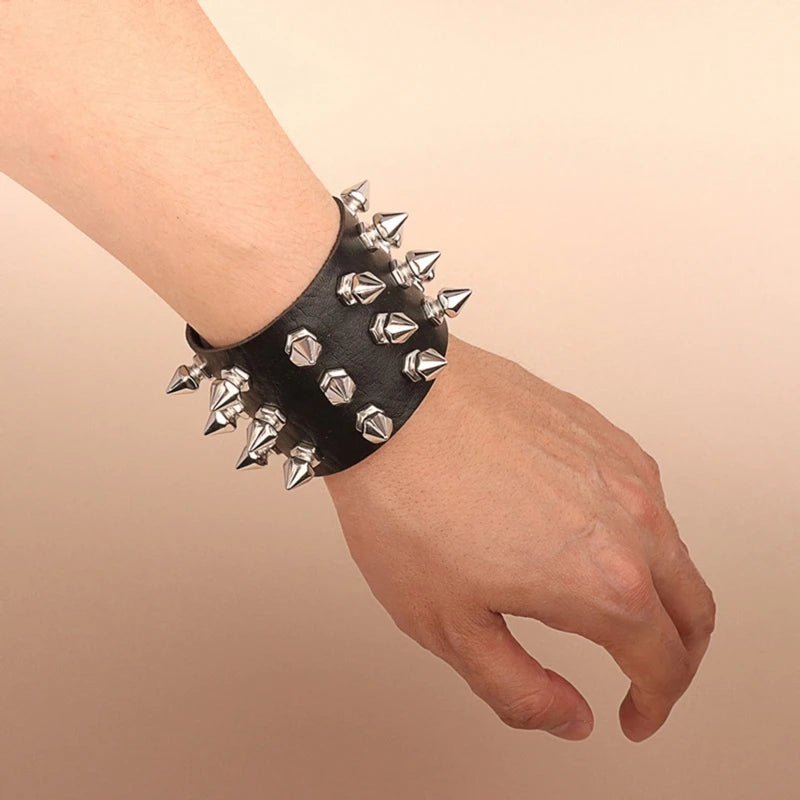 Punk Bracelet for Men Women - Goth Black Leather Wristband with Metal Spike Studded- Spike Rivets Cuff Bangle Adjustable-Dollar Bargains Online Shopping Australia