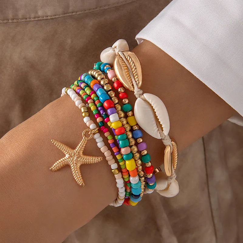 Bohemia Shell Starfish Bracelet Set Women Sand Beach Multilayer Bracelet Jewelry Party 7pcs/set-Dollar Bargains Online Shopping Australia