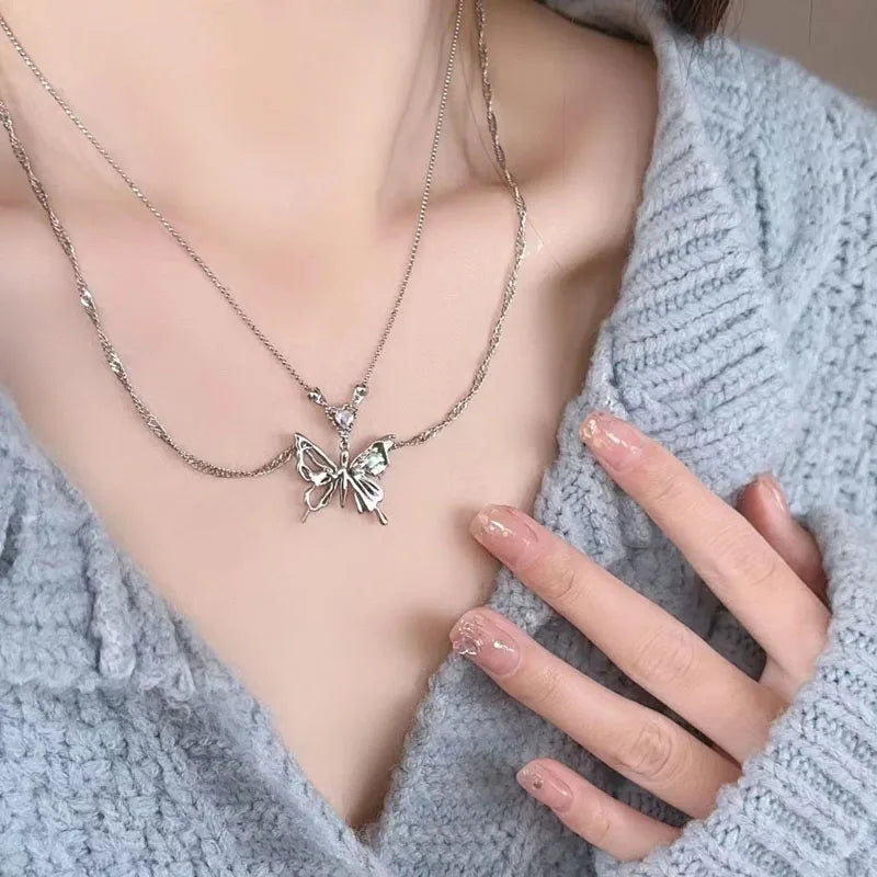 Kpop Y2K Aesthetic Butterfly Pendant Necklace for Women Hip Hop Vintage Double Chain Heart Necklaces Girls Gifts Jewelry-Dollar Bargains Online Shopping Australia