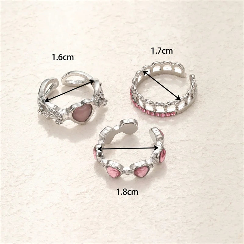 3pcs Fashion Love Heart Zircon Open Rings Set for Women Gothic Sweet Girls Geometric Finger Rings Y2K Party Jewelry Accessories-Dollar Bargains Online Shopping Australia