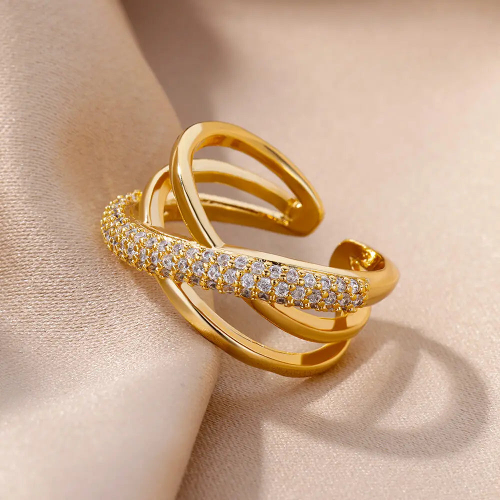 Gold Color Stainless Steel Rings For Women Chain Hollow Out Crystal Zircon Finger Ring-Dollar Bargains Online Shopping Australia