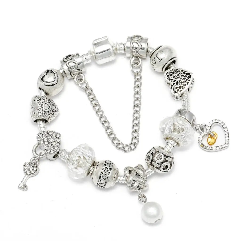 Buipoey Silver Plated Heart Key Pendant Charm Bracelets For Women Original Girls Princess Crown Beaded Bracelet Wife Jewelry-Dollar Bargains Online Shopping Australia