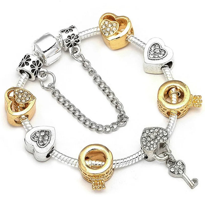 Buipoey Silver Plated Heart Key Pendant Charm Bracelets For Women Original Girls Princess Crown Beaded Bracelet Wife Jewelry-Dollar Bargains Online Shopping Australia