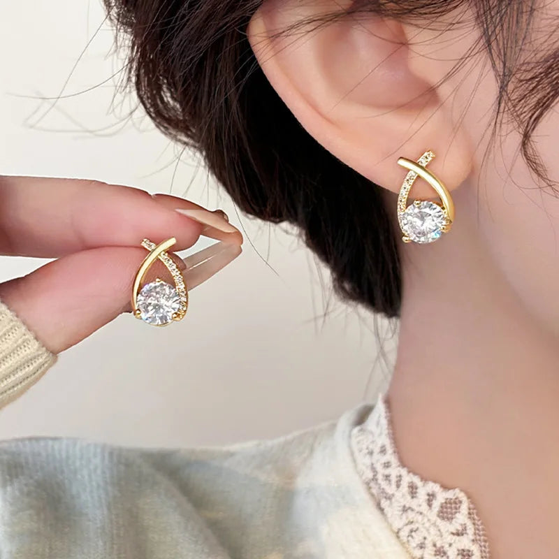 Gold Color Round Zircon Simple Drop Dangle Earrings for Women Charm Korean Hoop Jewelry Wedding Birthday Gift-Dollar Bargains Online Shopping Australia